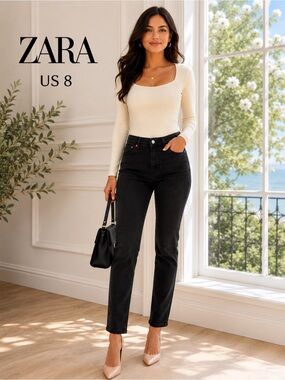 Zara Black Slim Straight Stretch Jeans US 8 High Rise Ankle